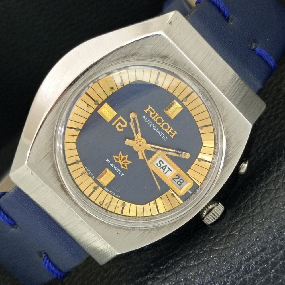 Vintage 1978 Ricoh Automatic Mens Silver Watch W/daydate & Gold accents